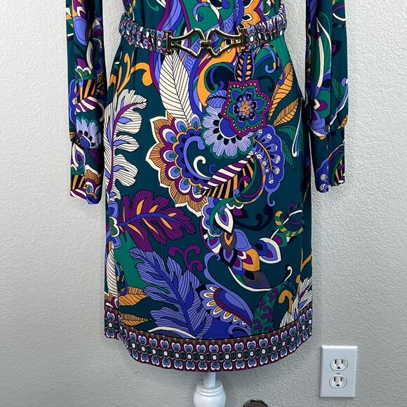 London Times Multi Teal Blue Floral Belted Jewel Neck Mini Sheath Dress 4 NWT - Picture 8 of 15